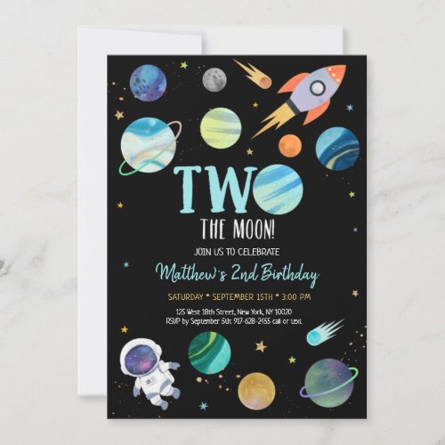 Blue Astronaut Outer Space Two The Moon Birthday Invitation