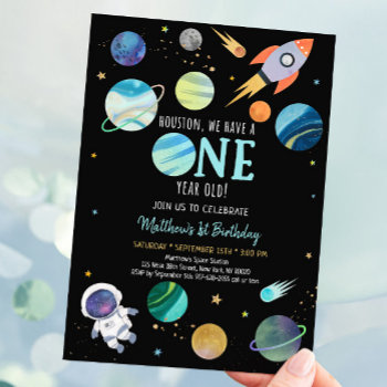 Blue Astronaut Space First Birthday Invitation by LittlePrintsParties at Zazzle