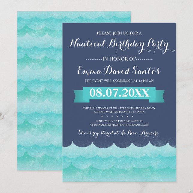 Blue At Sea Nautical Birthday Party Invitation (Front/Back)