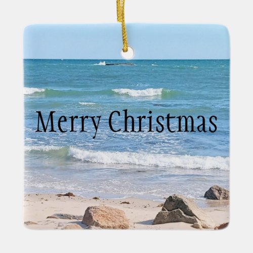 Blue Atlantic Ocean Merry Christmas Wavy Sea Ceramic Ornament