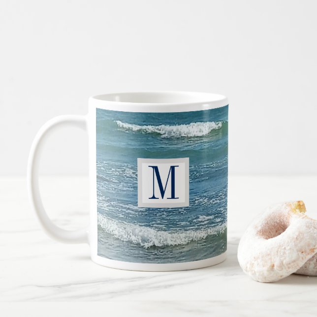Blue Atlantic Ocean Shore Simple Single Initial Coffee Mug (With Donut)