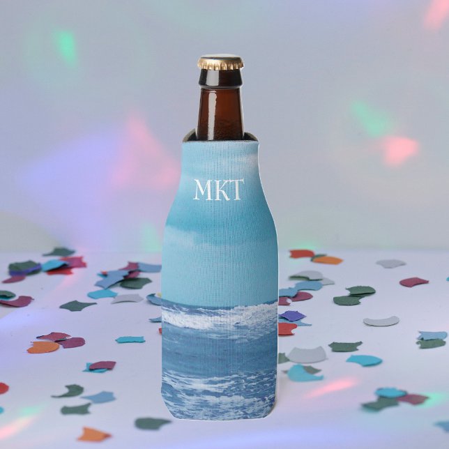 Blue Atlantic Ocean Waves Clouds Sky Photograph Bottle Cooler (Photo of blue Atlantic ocean with waves and white caps blue sky on drink bottle cooler.)