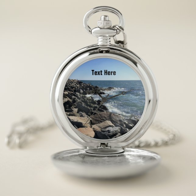 Blue Atlantic Ocean Wavy Rocky Seashore Coastal Pocket Watch (Inside)