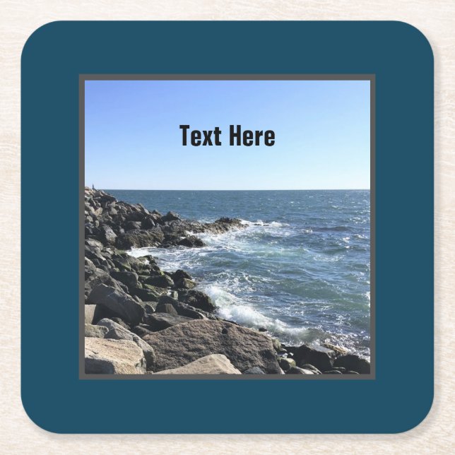 Blue Atlantic Ocean Wavy Rocky Seashore Coastal Square Paper Coaster (Front)