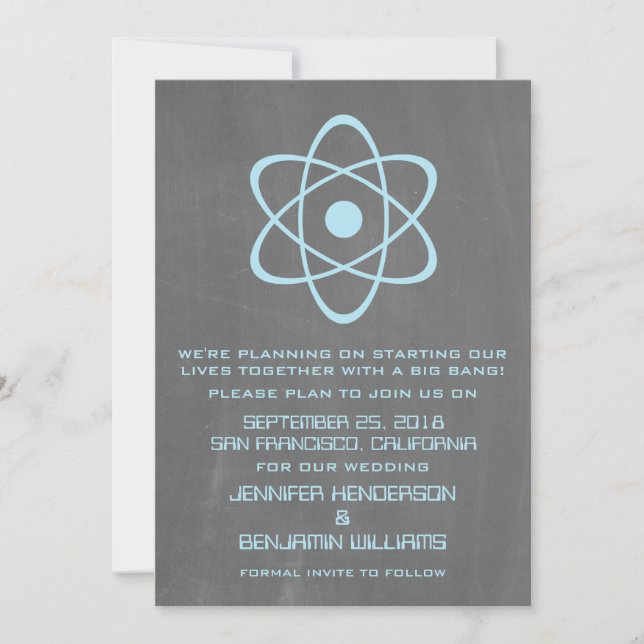 Blue Atomic Chalkboard Save the Date Invite (Front)