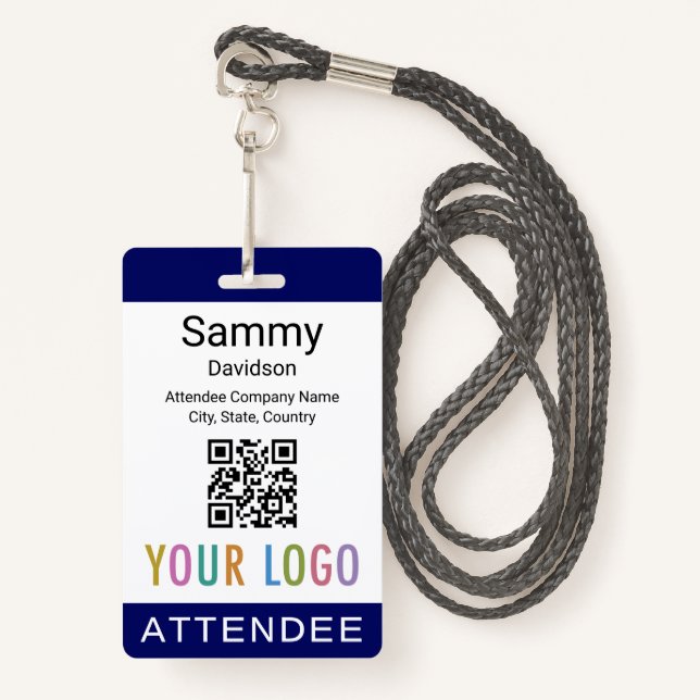 Blue Attendee Event Badge Conference QR Code Logo (Front with Lanyard)