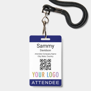 Blue Attendee Name Badge with QR Code Logo Lanyard