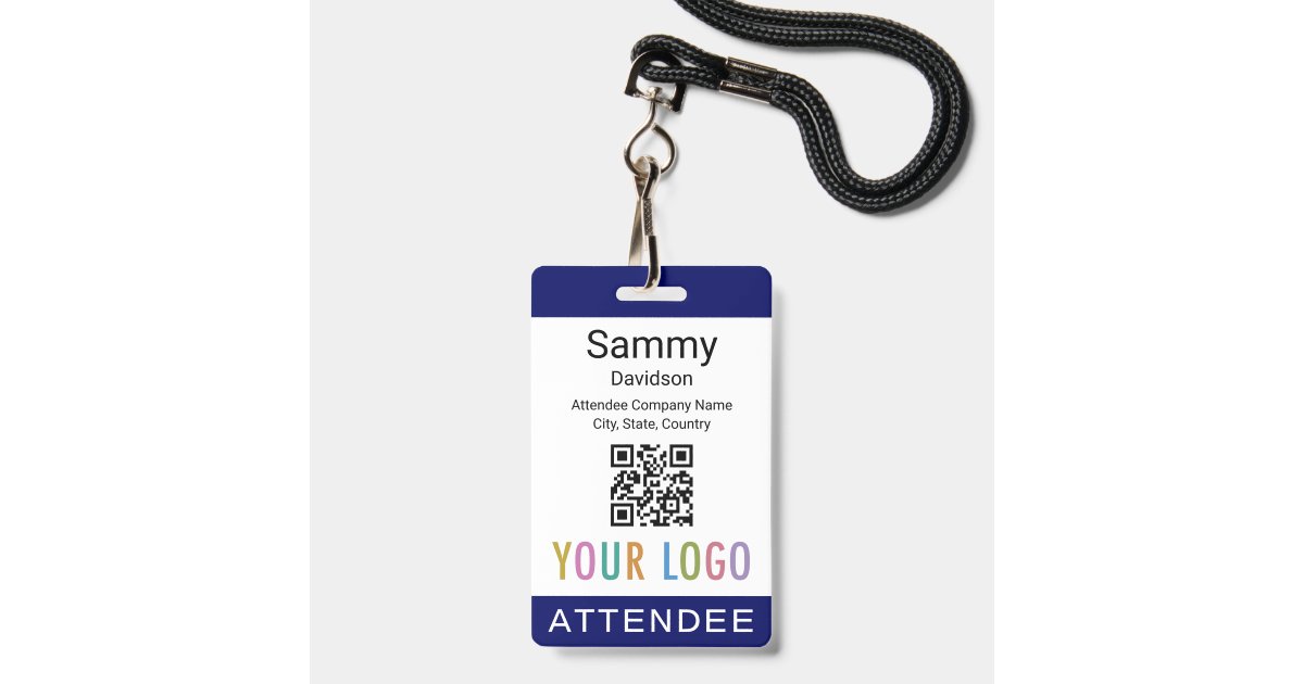 Blue Attendee Name Badge with QR Code Logo Lanyard | Zazzle