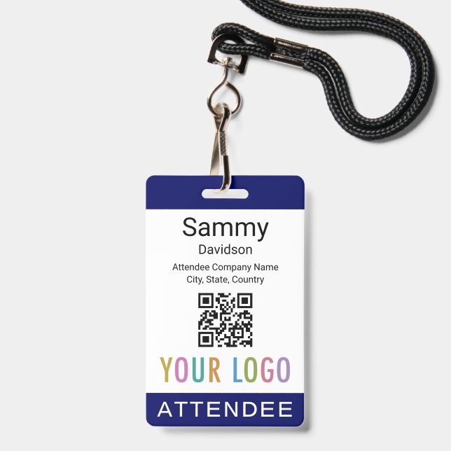 Blue Attendee Name Badge with QR Code Logo Lanyard (Front with Lanyard)