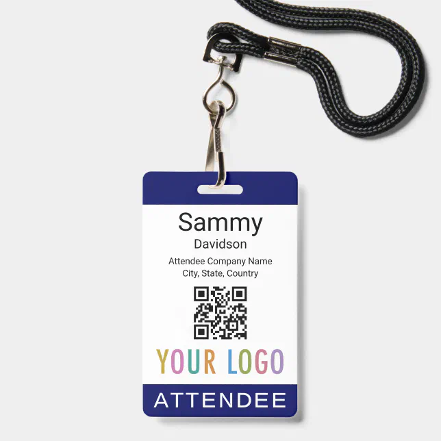 Blue Attendee Name Badge with QR Code Logo Lanyard | Zazzle