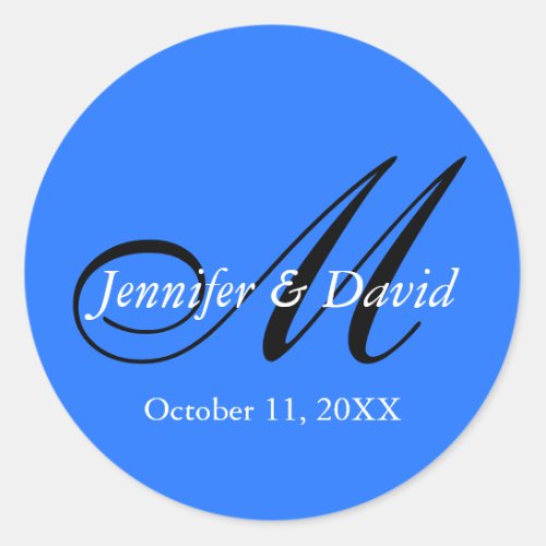 Blue Attractive Charming Monogram Wedding Postage Classic Round Sticker