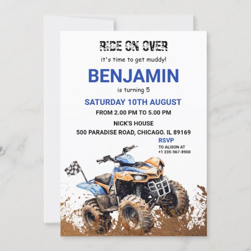 Blue ATV Wheeler Bike Birthday Invitation 