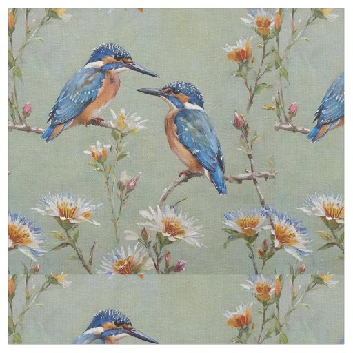 Blue Australian Kingfishers And Eucalyptus Flower, Fabric