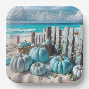 Blue Autumn Beach Pumpkins Paper Plates