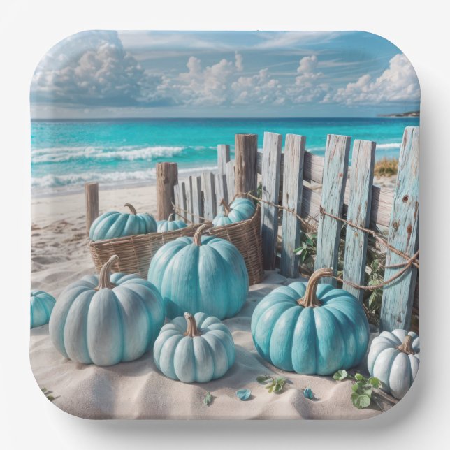 Blue Autumn Beach Pumpkins Paper Plates (Front)