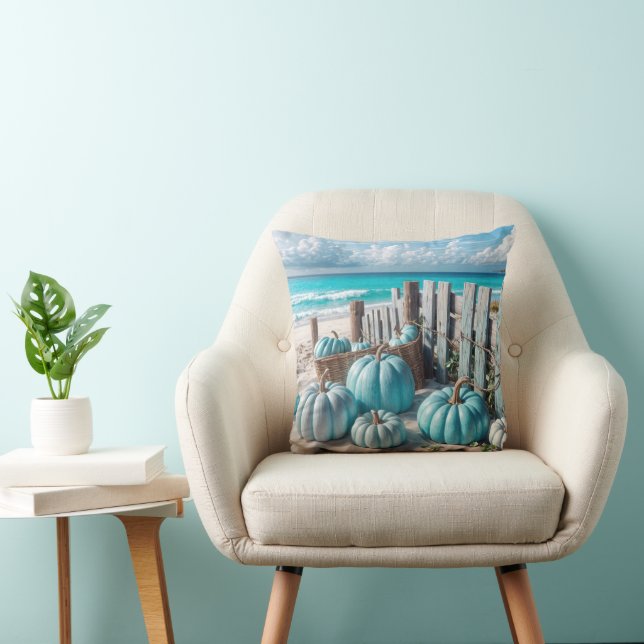 Blue Autumn Beach Pumpkins Throw Pillow (Chair)