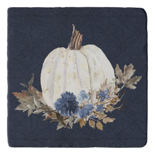 Blue Autumn Fall Leaves Pumpkin Floral Watercolor Trivet