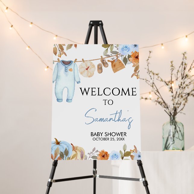 Blue Autumn Floral Pumpkin Baby Welcome Sign (In Situ (Stand))