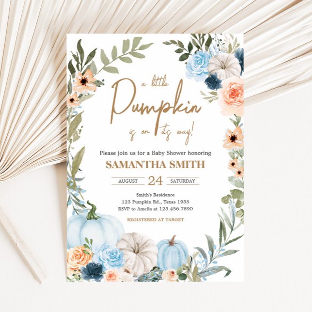 Blue Autumn Flowers Pumpkin Baby Shower Invitation (Autumn Little Pumpkin Baby Shower Invitation)