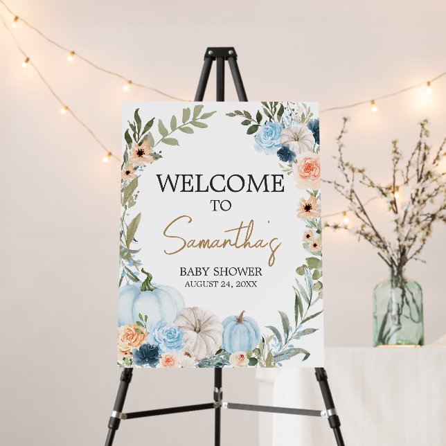 Blue Autumn Flowers Pumpkin Welcome Sign (In Situ (Stand))