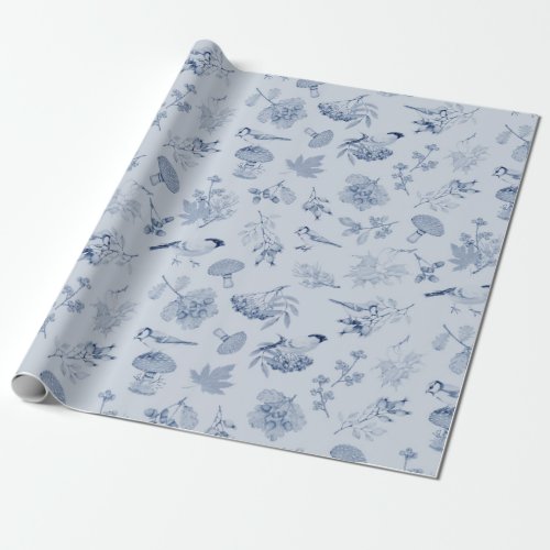 Blue Autumn Leaves Berries Birds Vintage Botanical Wrapping Paper