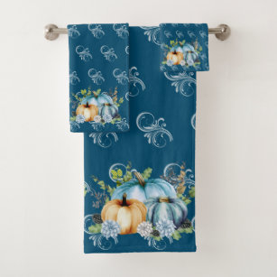 Blue Autumn Pumpkin Watercolor Thanksgiving Bath T Bath Towel Set