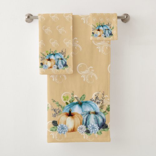 Blue Autumn Pumpkin Watercolor Thanksgiving Bath T Bath Towel Set