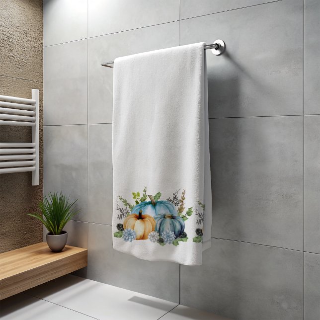 Blue Autumn Pumpkin Watercolor Thanksgiving Bath T Towel Set (Creator Uploaded)