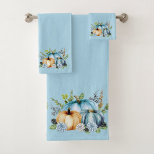 Blue Autumn Pumpkin Watercolor Thanksgiving Bath Towel Set
