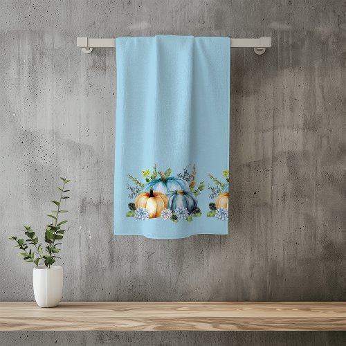 Blue Autumn Pumpkin Watercolor Thanksgiving Bath Towel Set