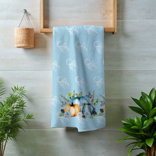 Blue Autumn Pumpkin Watercolor Thanksgiving  Bath Towel Set