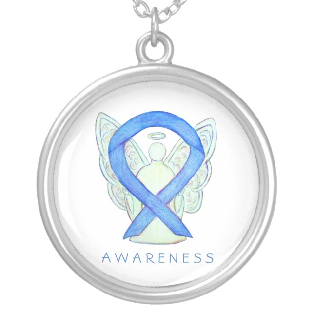 Blue Awareness Ribbon Angel Jewelry Necklace (Front)