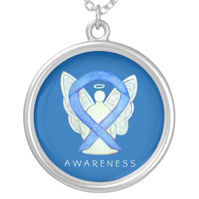 Blue Awareness Ribbon Angel Jewelry Necklace (Front)