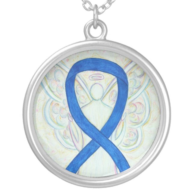 Blue Awareness Ribbon Angel Jewelry Necklace (Front)