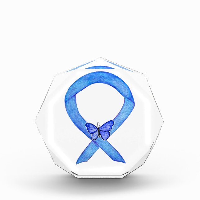 Blue Awareness Ribbon Butterfly Paperweight Award  (Front)