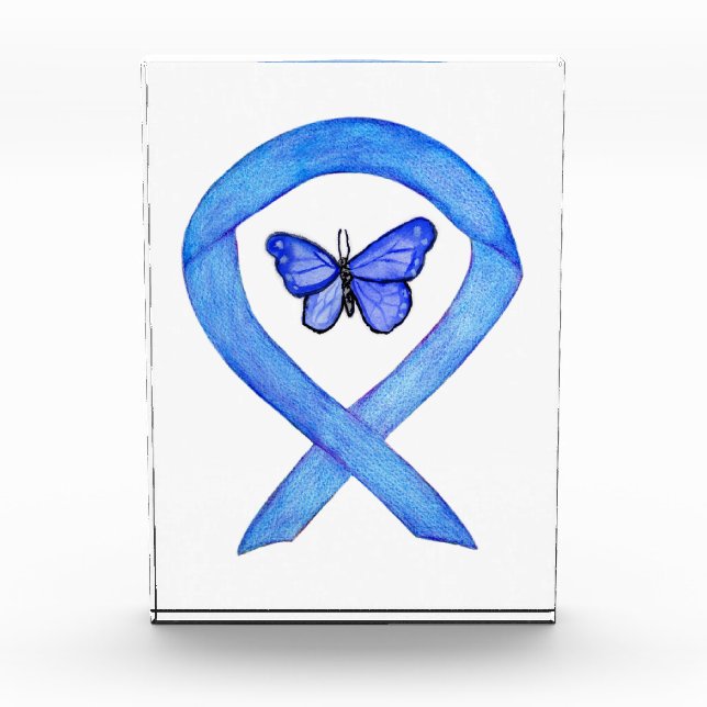 Blue Awareness Ribbon Butterfly Paperweight Award  (Front)