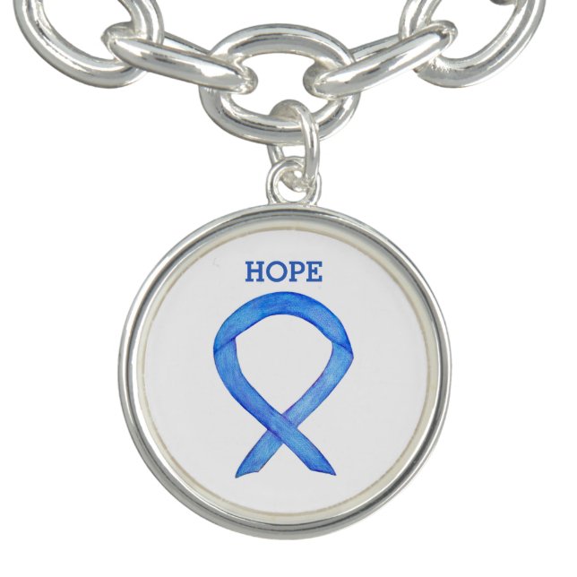 Blue Awareness Ribbon Custom Words Charm Bracelets (Design)