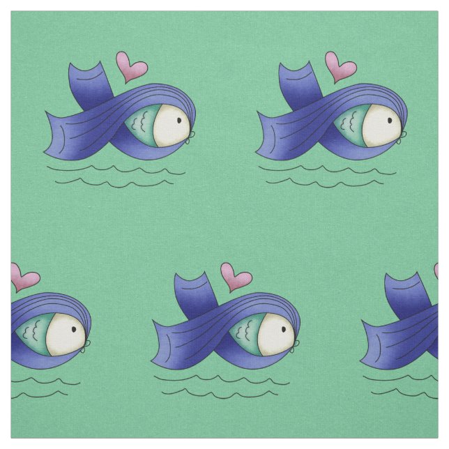 Blue Awareness Ribbon Fish & Heart Fabric (Swatch)