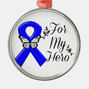 Blue Awareness Ribbon For My Hero Metal Ornament