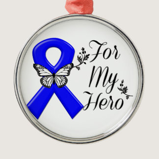 Blue Awareness Ribbon For My Hero Metal Ornament