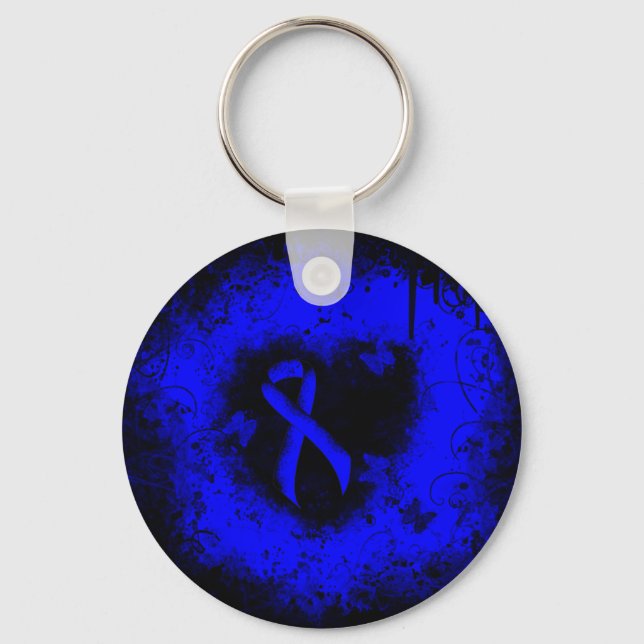 Blue Awareness Ribbon Grunge Heart Keychain (Front)