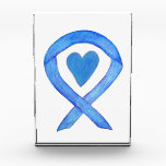 Blue Awareness Ribbon Heart Paperweight Award<br><div class="desc">The art paperweight or award features the picture of a blue awareness ribbon art painting with a heart. Add your own optional words or message to the paperweight for personalized award art! The blue awareness ribbon art award or paperweight gift can be customized with personalized messages to make great awareness...</div>