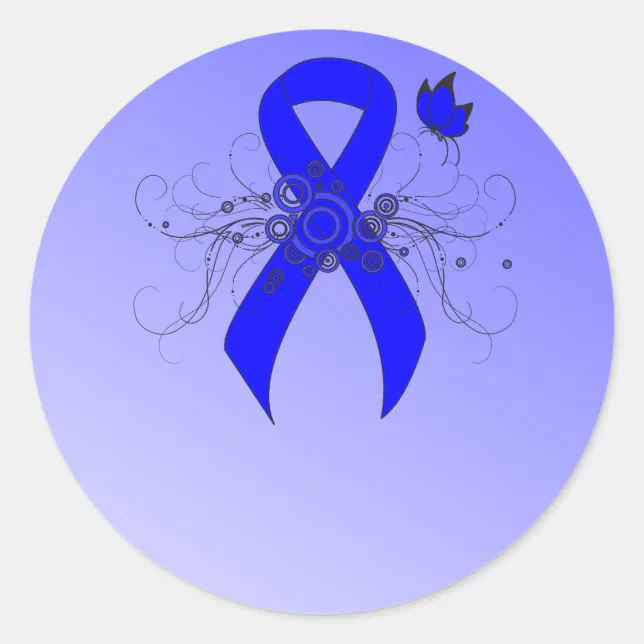 Blue Awareness Ribbon with Butterfly Classic Round Sticker | Zazzle