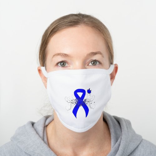 Blue Awareness Ribbon with Butterfly White Cotton Face Mask