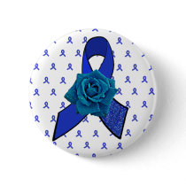 Blue Awareness Ribbon with Rose with Tear Drops Pinback Button