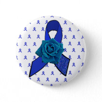 Blue Awareness Ribbon with Rose with Tear Drops Pinback Button
