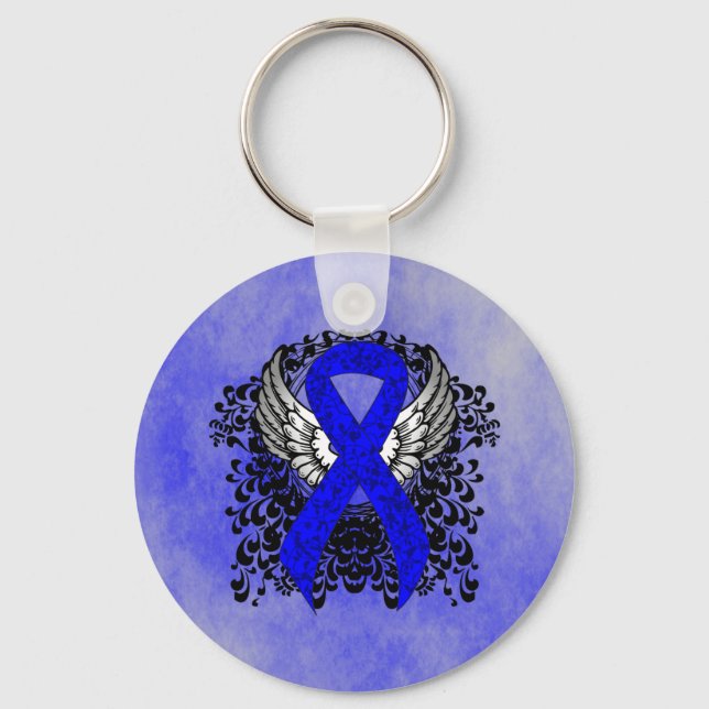 Blue Awareness Ribbon with Wings Keychain (Front)