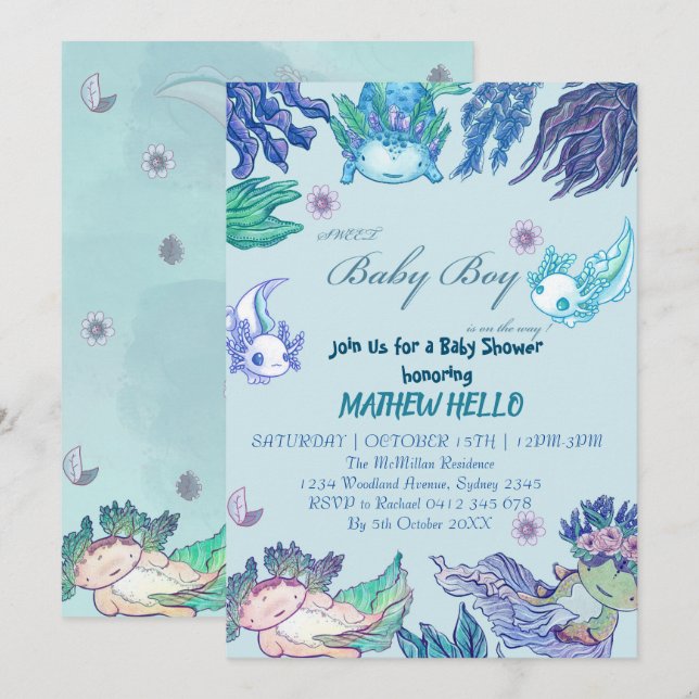BLUE AXOLOTL Baby Shower Invitation BOY (Front/Back)