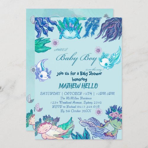 BLUE AXOLOTL Baby Shower Invitation BOY