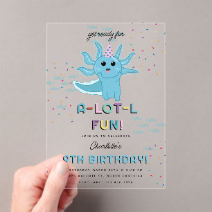 Blue Axolotl Kids Cute Salamander Birthday Party Acrylic Invitations